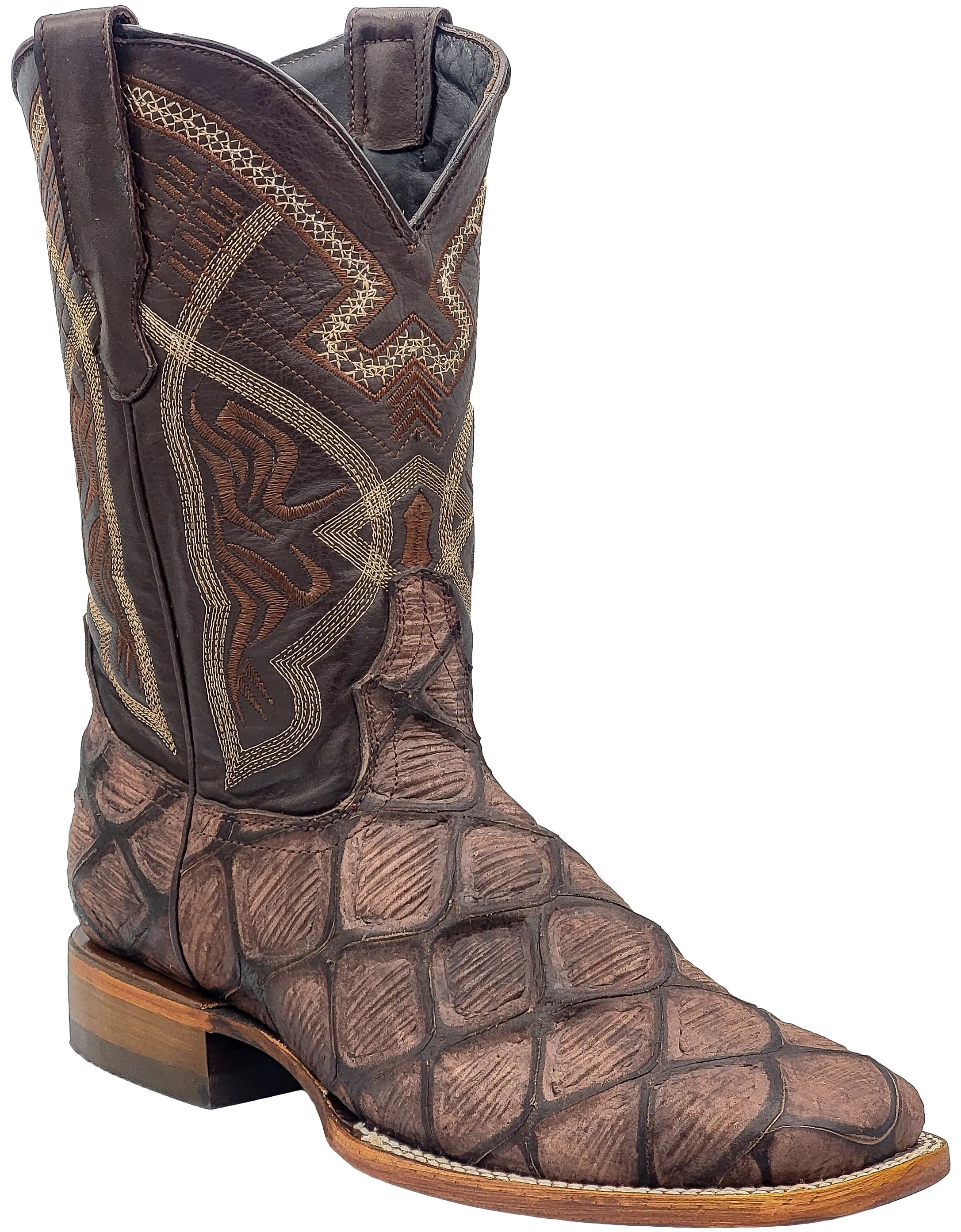 Silverton Pirarucu Print Leather Wide Square Toe Boots (Brown)