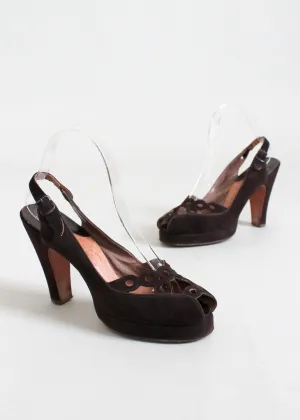 Vintage 1940s Brown Peep Toe Platform Sandals Size 7.5