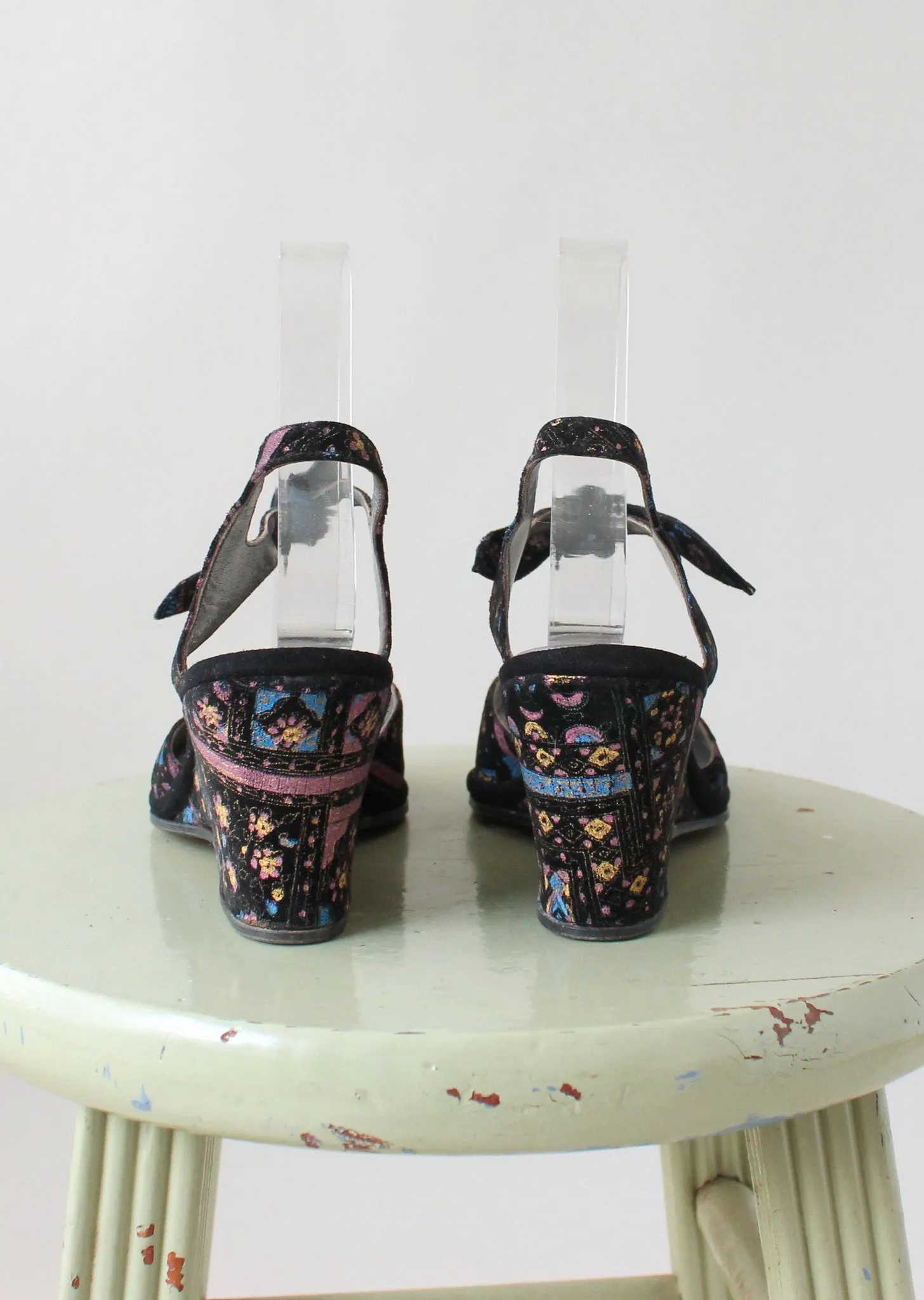 Vintage Late 1940s Painted Velvet Ankle Tie Sandals