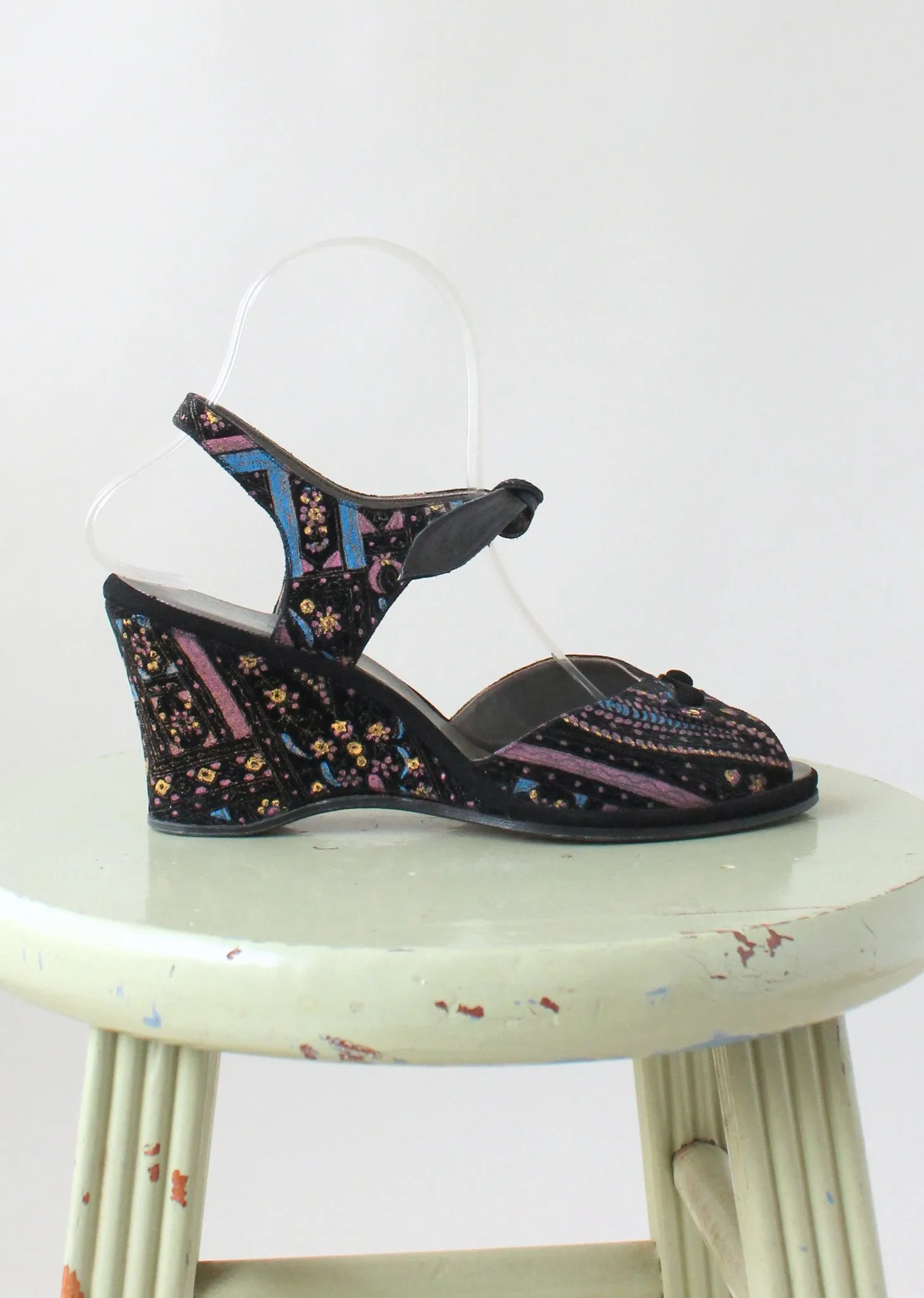 Vintage Late 1940s Painted Velvet Ankle Tie Sandals