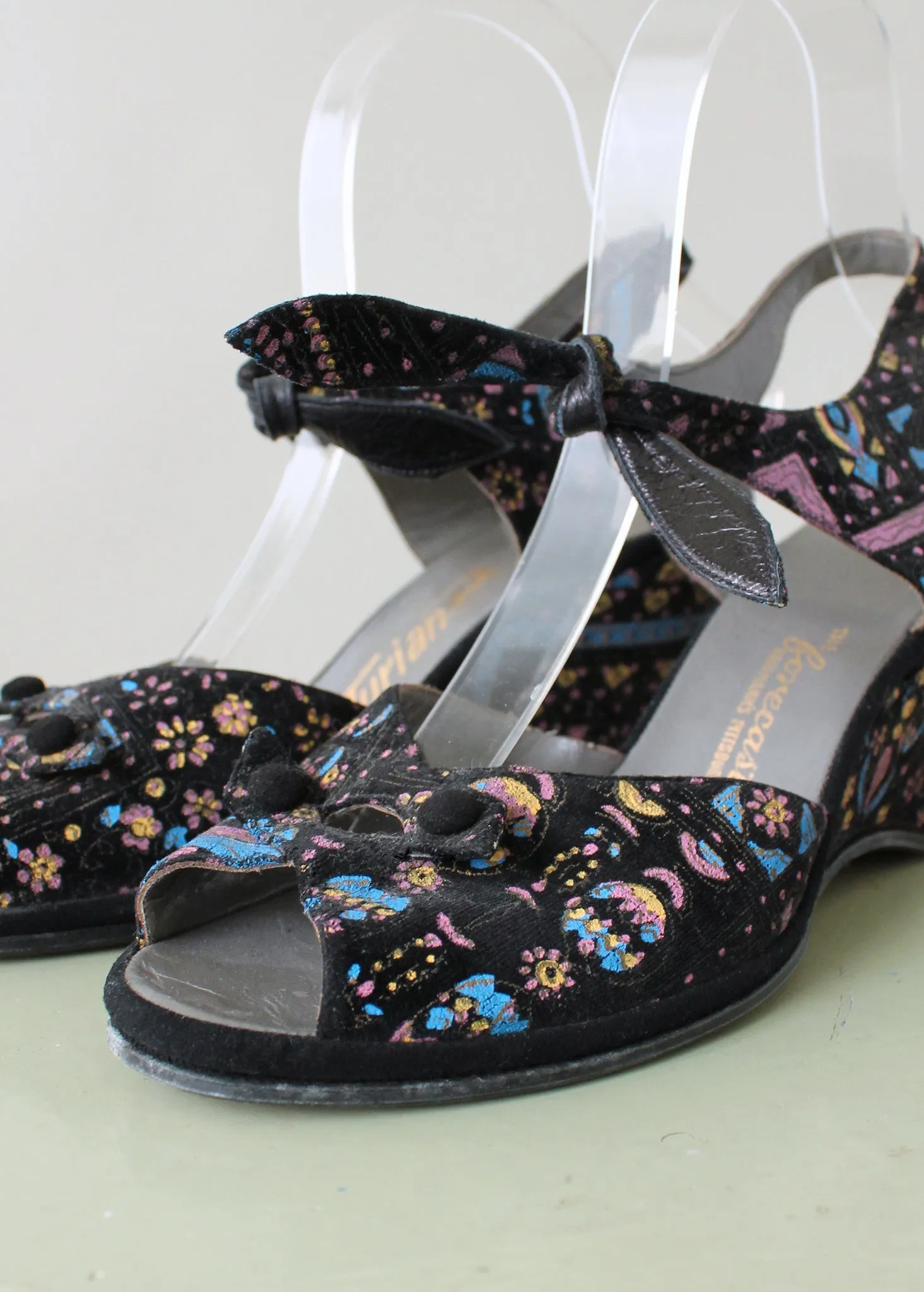 Vintage Late 1940s Painted Velvet Ankle Tie Sandals