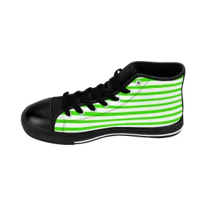 White Green Striped Men's Sneakers, Modern Stripes Men's Designer Tennis Running Shoes (US Size: 6-14)