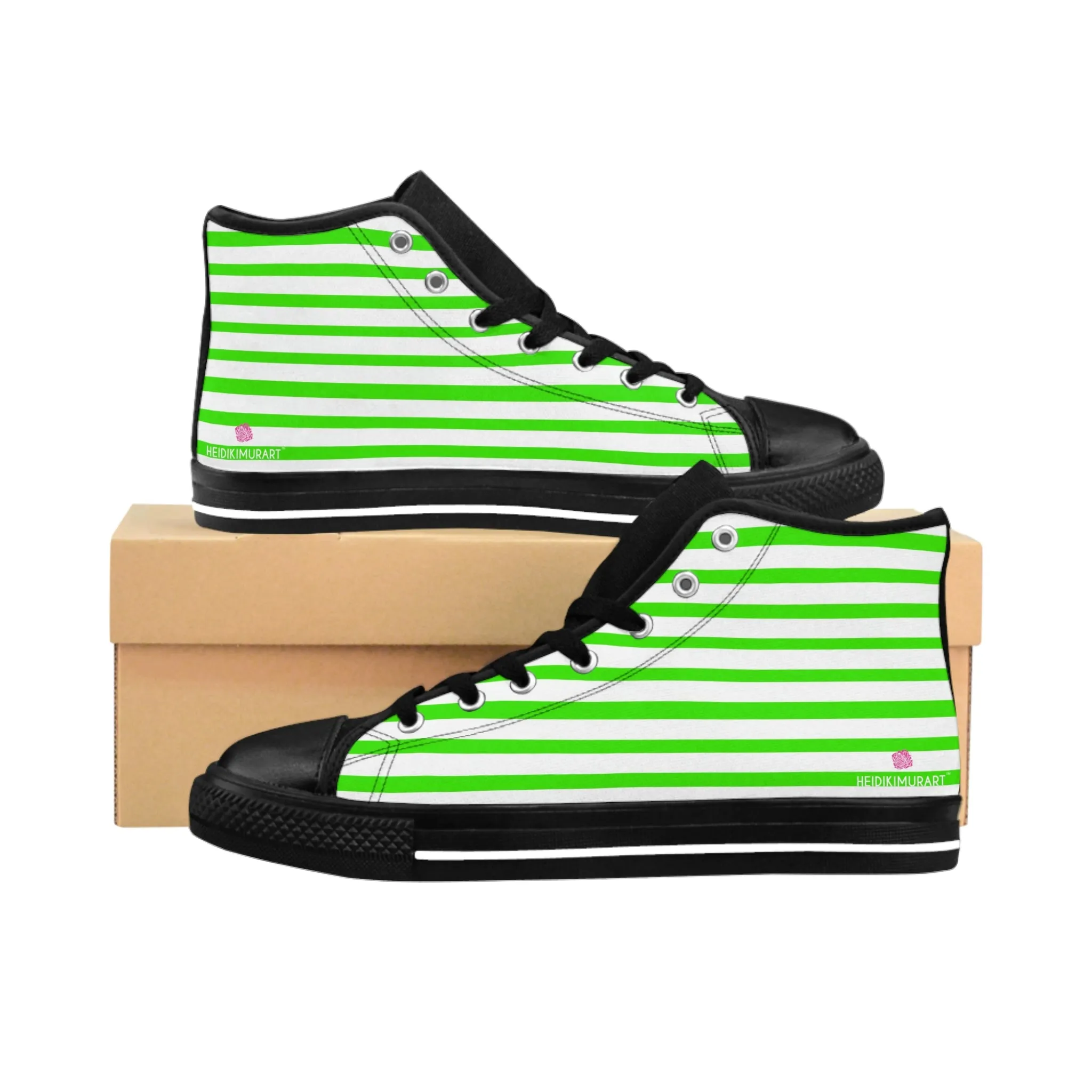 White Green Striped Men's Sneakers, Modern Stripes Men's Designer Tennis Running Shoes (US Size: 6-14)