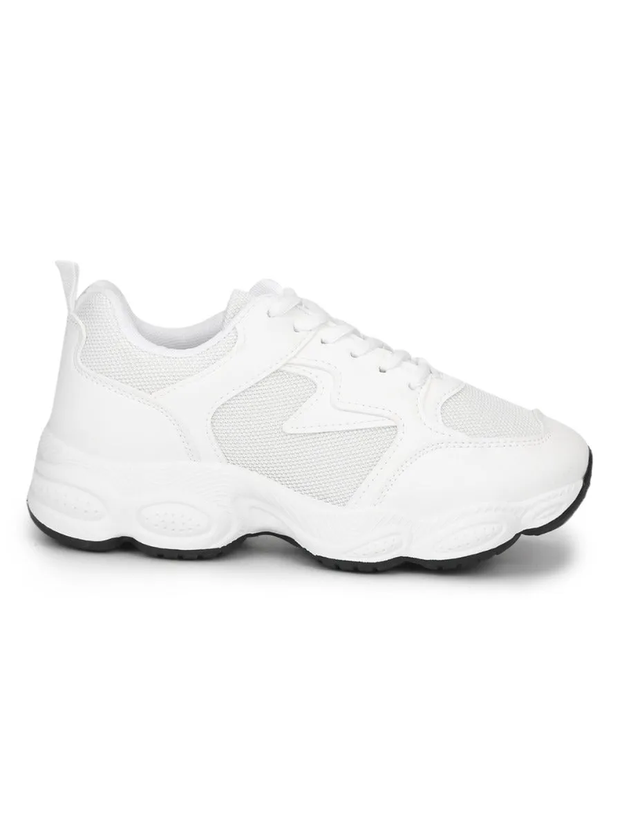 White Mesh PU Lace-Up Chunky Sneakers With Contrast Bubble Sole