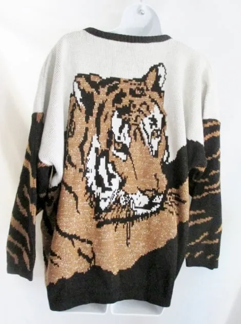 Womens Vintage VENEZIA Sportswear TIGER Sweater Glitter Pullover Animal Print CAT Top