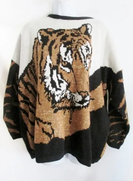 Womens Vintage VENEZIA Sportswear TIGER Sweater Glitter Pullover Animal Print CAT Top