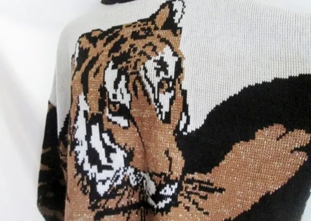 Womens Vintage VENEZIA Sportswear TIGER Sweater Glitter Pullover Animal Print CAT Top