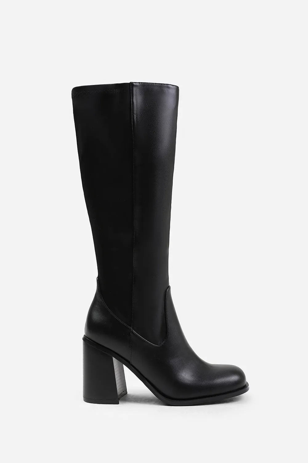 ZHURI STRETCH WIDE CALF BLOCK HEEL KNEE HIGH BOOTS IN WIDE E FIT IN BLACK FAUX LEATHER